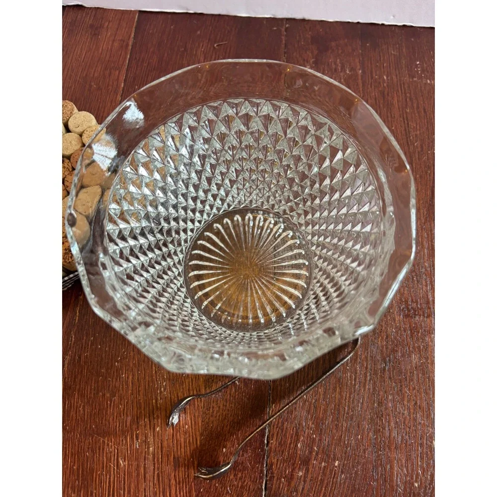 Vintage Diamond Point Pressed Glass Ice Bucket with Silver Tone Claw Tongs Set